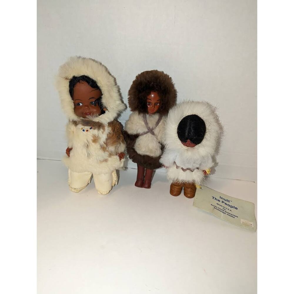 Lot of 3 Vintage  Carlson Eskimo Dolls Sleepy Eyes Inuit Alaska Fur Tags Alaska